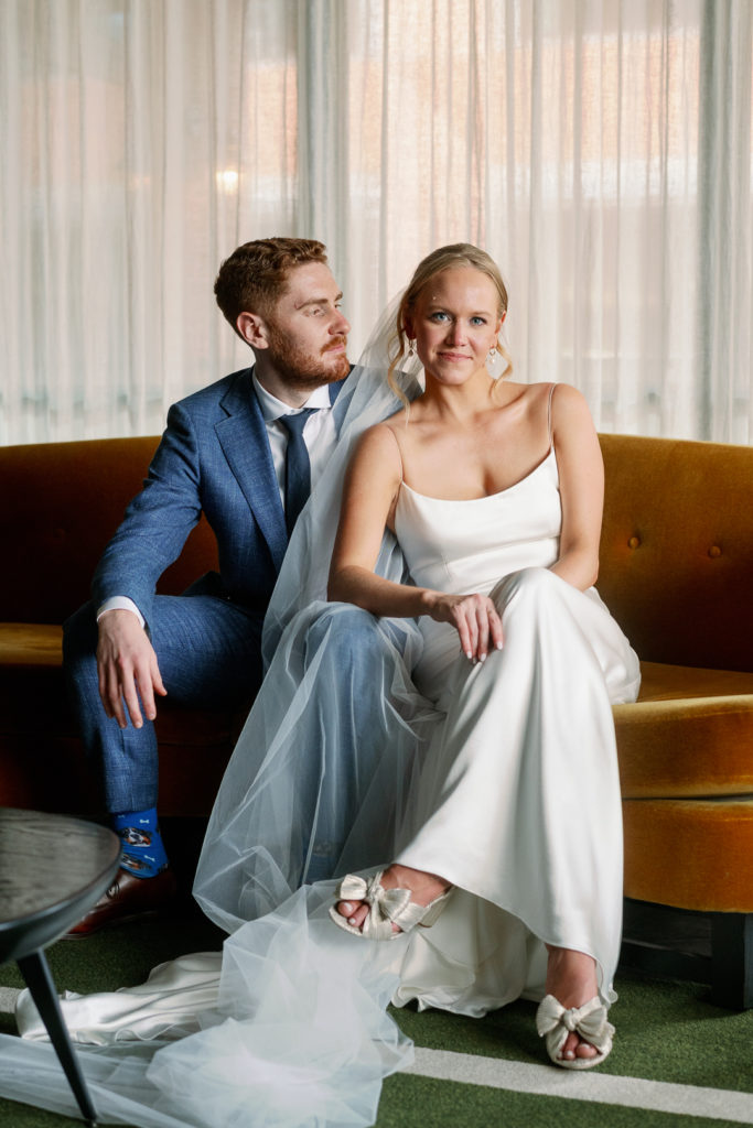 a portrait of a couple on their wedding day at the emily hotel in the west loop neighborhood of chicago