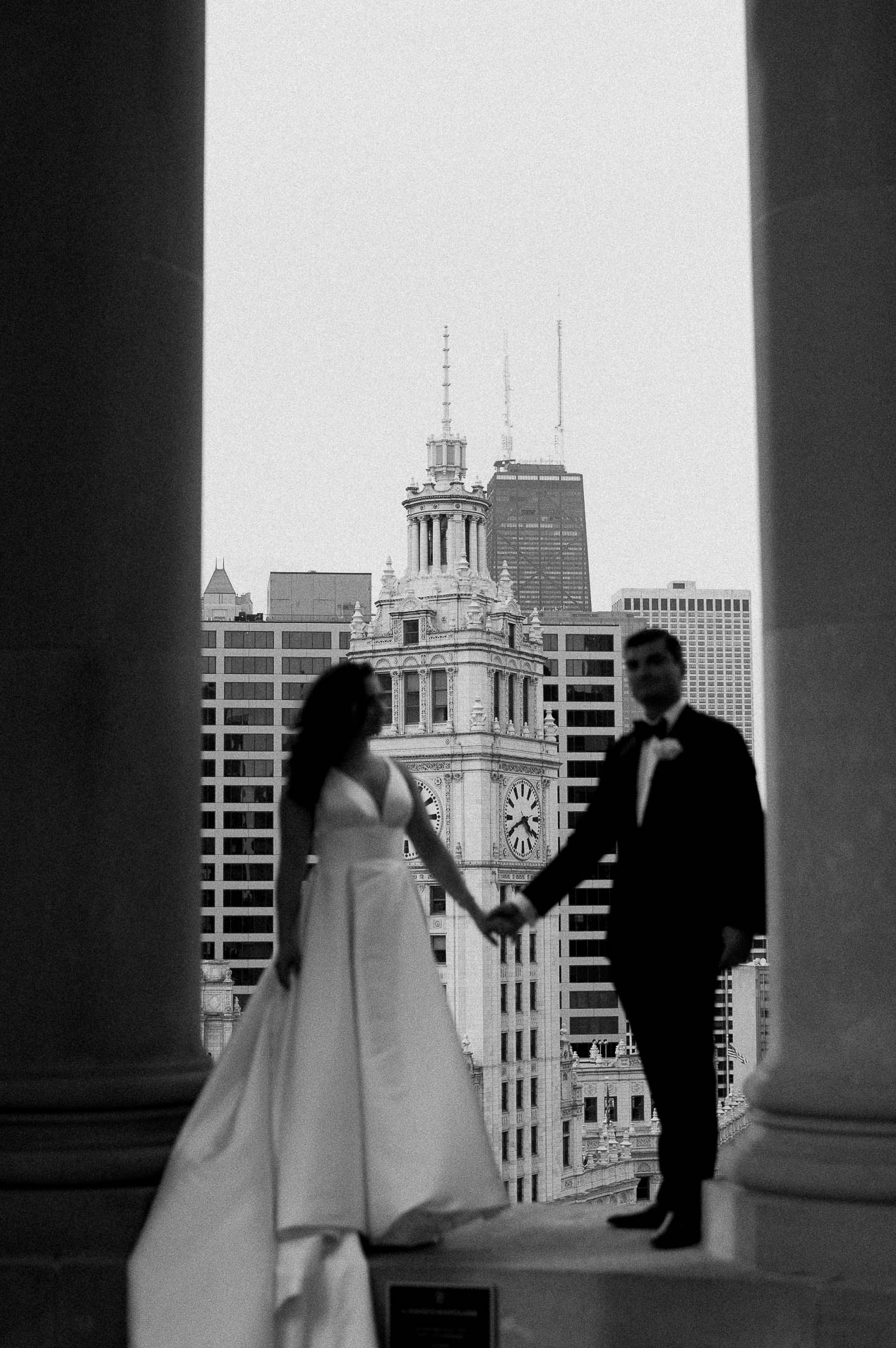 a couple during their bridal portraits on the cupola at london house chicago