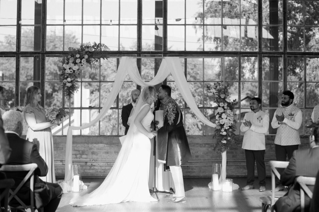 couple getting married at ravenswood events center taken by a luxury chicago wedding photographer
