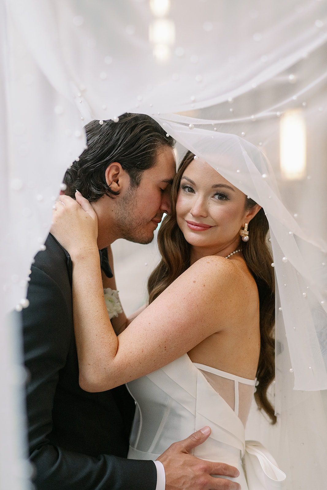 wedding portrait with pearled veil in chicago illinois
